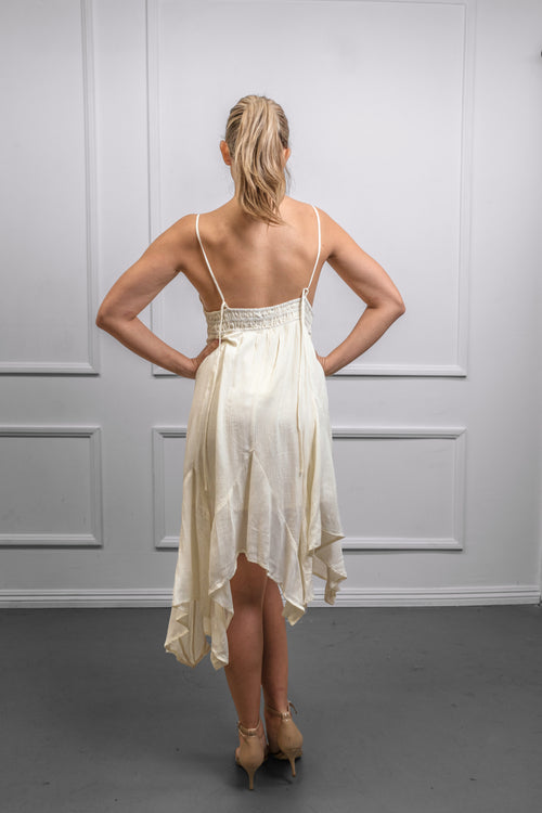 Ulisa Cream Spaghetti Strap Ruffled Midi Dress