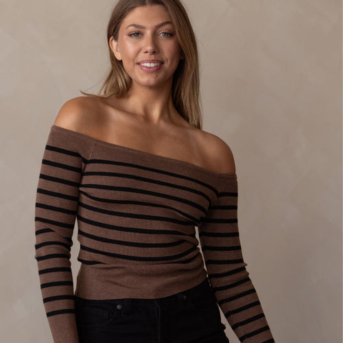 Noella Off the Shoulder Mocha Stripped Long Sleeve Top