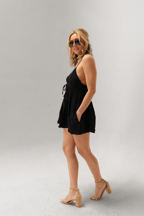 Jia Black Crinkle Surplice Romper by Promesa