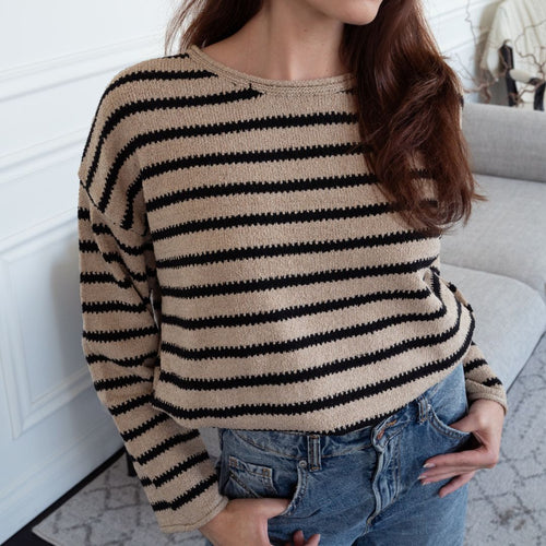 Sydney Boatneck Taupe & Black Stripe Sweater