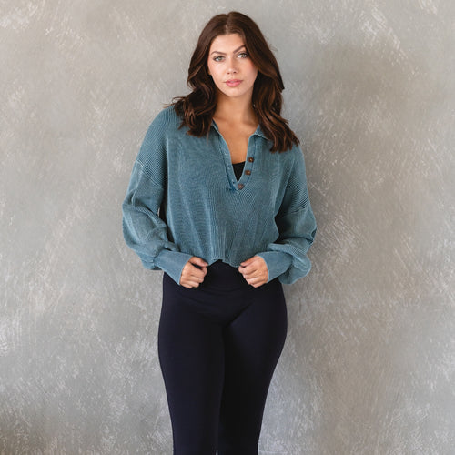 Dark Green Cropped Slouchy Collared Top