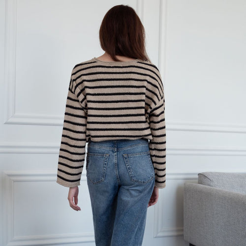 Sydney Boatneck Taupe & Black Stripe Sweater