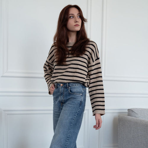 Sydney Boatneck Taupe & Black Stripe Sweater