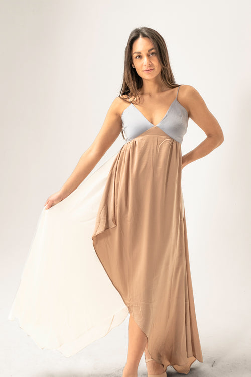 Niva Cream, Tan and Blue Color Block Maxi