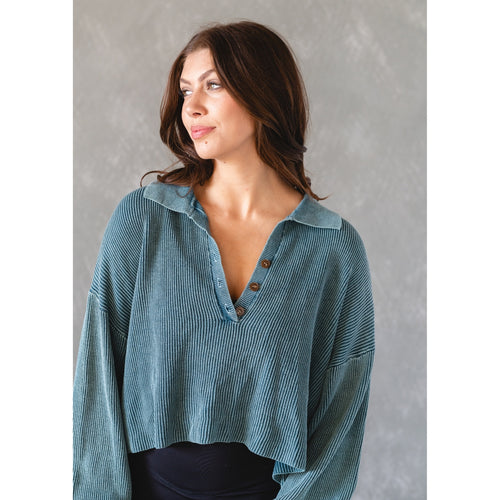 Dark Green Cropped Slouchy Collared Top