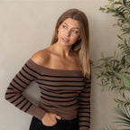 Noella Off the Shoulder Mocha Stripped Long Sleeve Top