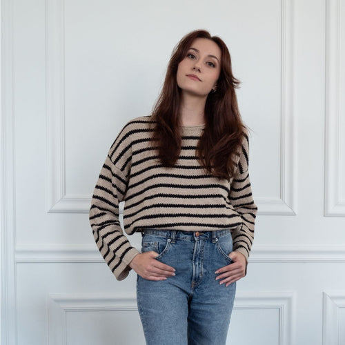 Sydney Boatneck Taupe & Black Stripe Sweater