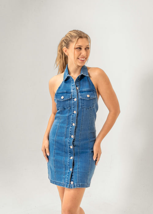 Della Denim Halter Mini Dress