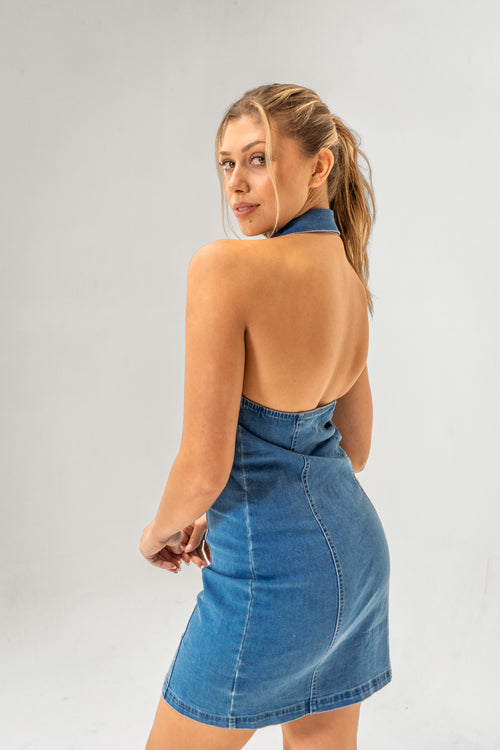 Della Denim Halter Mini Dress