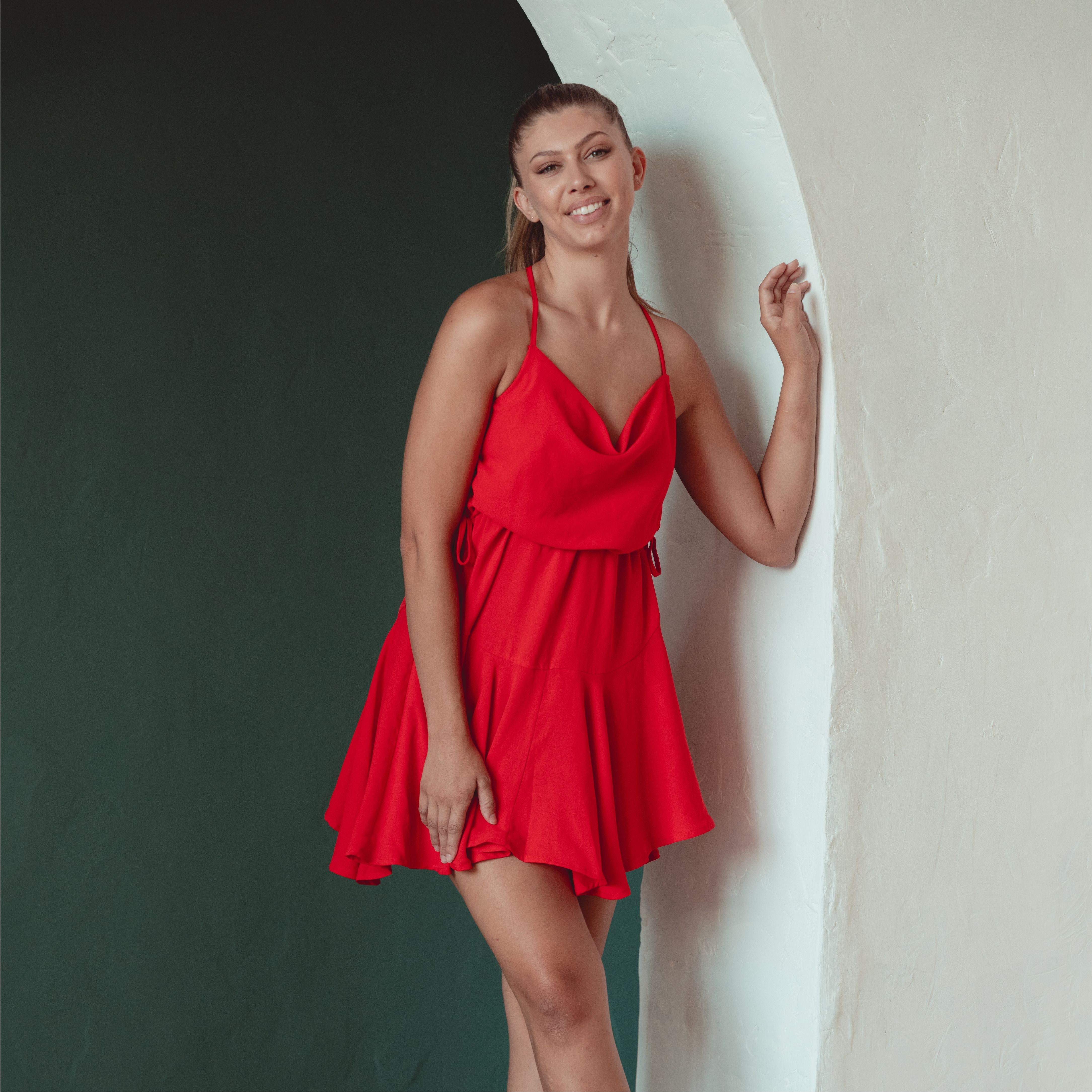 Vyra Fashion Bright Red Flowy Mini Dress Small